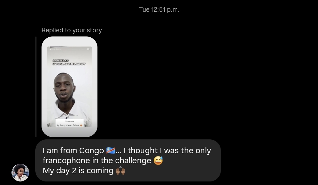 A francophone participant from Congo replies, excited to find others in the challenge